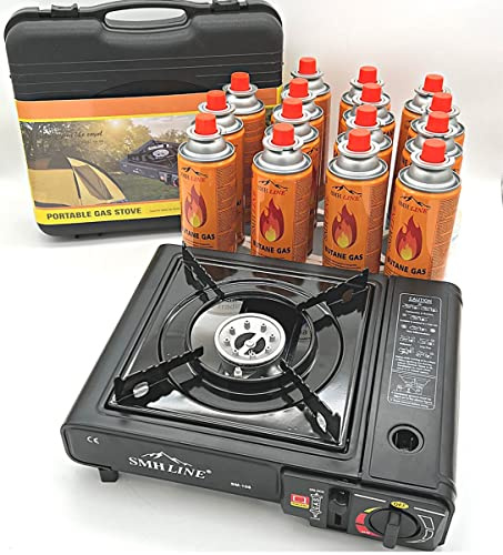 SMH LINE® Réchaud à gaz de camping avec 20 cartouches de gaz 227 g - Gaz butane - Mallette de camping - Cuisinière d'extérieur - Barbecue de table - 1 feu
