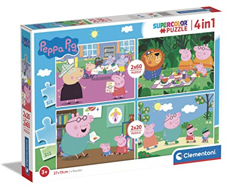 Clementoni - 24799 - Supercolor Puzzle - Peppa Pig - Puzzle 2x20+2x60 Teile Ab 3 Jahren, Buntes Kinderpuzzle Mit Besonderer Leuchtkraft & Farbintensität, Geschicklichkeitsspiel Für Kinder