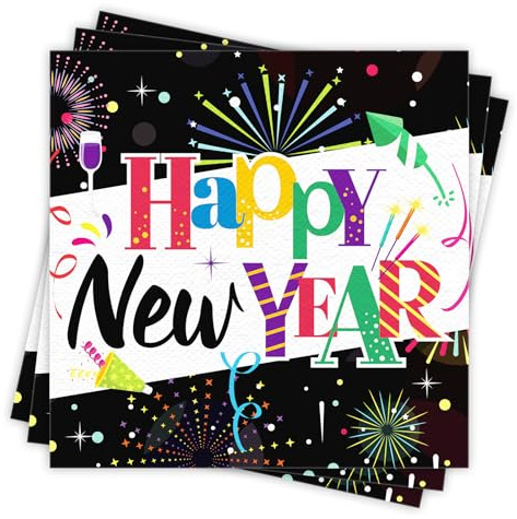 DPKOW 40 Stück Silvester Servietten Bunte Happy New Year Servietten Papierservietten für Silvester Deko 2026 Tisch Happy New Year Party 2026 Tischdeko Neujahr Deko, 33X33CM