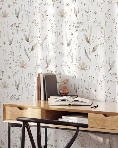 Coloritto Boho Nature Floral Wallpaper | Removable Self Adhesive Botanical Wallpaper | Neutral Floral Peel and Stick Wallcovering (Sample 12 W x 8 H)