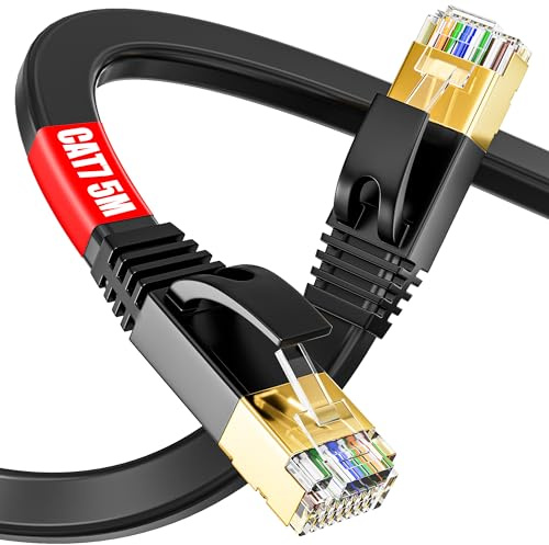 Soibke Cable Ethernet 5m Blindé, Cat7 RJ45 Cable 5m Câble Réseau Haut Debit | Fiber Plat Câble LAN Internet Gigabit Ethernet Câble Compatible avec Routeur Switch Modem PC Xbox (5 Clips)