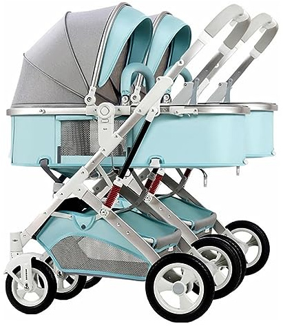 Tandem-Kinderwagen, Zwillings-Kinderwagen mit Schirm, Doppel-Kinderwagen, faltbarer Kinderwagen for Kleinkinder, abnehmbarer Doppel-Kinderwagen mit verstellbarem Verdeck(Color:Blauw)