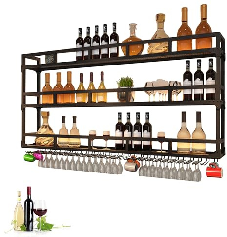 Botellero Vino de Pared Mueble Bar Garrafeira de Vino Wine Rack Estanterias Colgantes con Soporte Copas Colgante y Luz LED para Salon Barra para Bar Mini Bar para Casa Sala de Estar y Cocina(Nero,100c