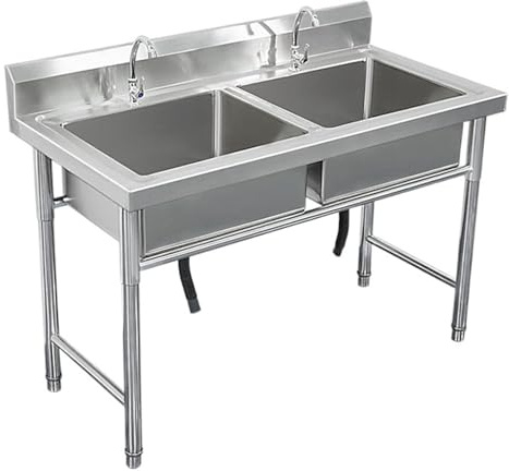 Fregadero de Cocina Independiente Fregaderos de Dos Senos, Fregadero de Acero Inoxidable Industriales con Grifo, Patas Acero, Fácil de Instalar, para Cocina, Restaurante