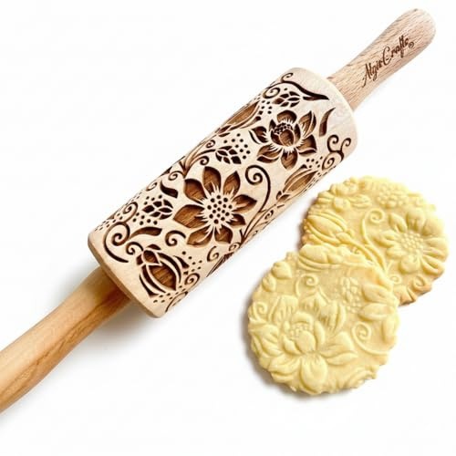 Nudelholz LOTUS mini. Gravierte Teigrolle für hausgemachtes Gebäck. Teigroller für DIY Küche, Teig & Plätzchen. Nudelholz mit Muster von Algis Crafts