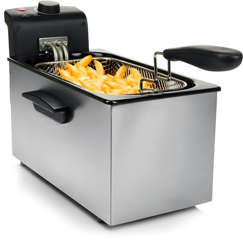 Avilia Friggitrice in Acciaio Inox 3L 2000W Argento - Riscaldamento Rapido e Zona di Raffreddamento - Termostato Regolabile Fino a 190°C - Frittura più Sana, Croccante e Poco Unta