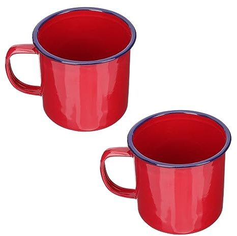 OFFSCH Taza De Esmalte 500 Ml 2 Piezas Rojo Recipiente Para Agua Material Esmaltado Diseño Retro Para Hogar y Oficina