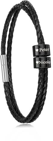 PiercingJak Partnerarmbänder mit Gravur 2-5 Namen Armband Schwarz Lederarmband geflochten Leder Kette Wickel Edelstahl Namensperlen ID Armreif Personalisierte Geschenke für Partner Mann Frauen Familie