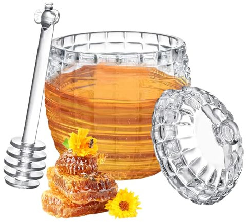 ZMDMAH Dosatore Miele in Vetro Trasparente da 240ml con Cucchiaio, Coperchi e Bastoncino per Servire Miele e Sciroppo per Cucine Domestiche
