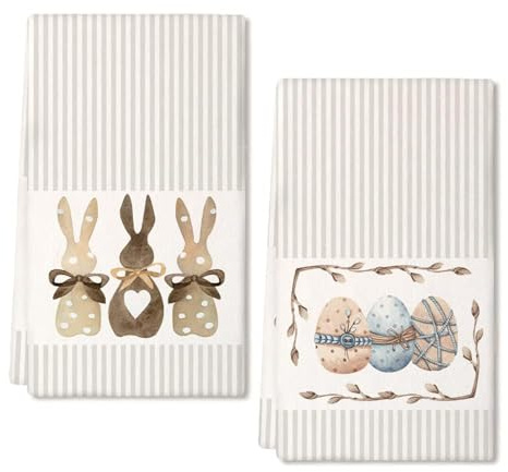 2 Stück Geschirrtücher Ostern, Osterdeko Geschirrtuch Ostern Easter Kitchen Towels with Cute Rabbit & Easter Egg Design, Spring Stripes Tea Towels, Perfect for Easter & Ostergeschirr, 42 x 65 cm