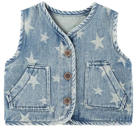 ANIMQUE Bebé Mezclilla Chalecos Primavera Otoño Niño pequeño Retro Sin Mangas Chaqueta Niños Niñas Botón Estrellas Abrigo Top con Bolsillos