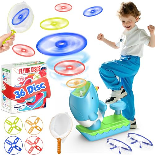 Joozmui Outdoor Toys for 3 4 5 6 7 8 9 10 Years Boys Girls, 36 Pcs Flying Saucers, Flying Disc Launcher Toy for Kids Age 4-11, Outdoor Games for Kids Garden Toys Gifts for Boys Propeller Toy