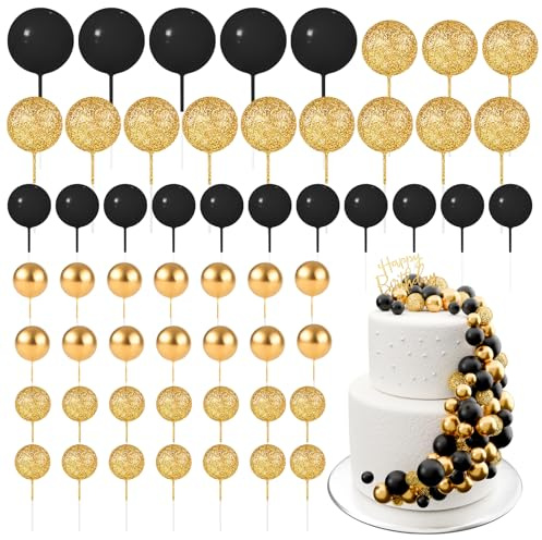 BOUBONI 60Pcs Glitter Cake Balls Decorations Foam Cake Topper Balls Mini Balloon Cupcake Toppers for Cake Decorating Birthday Baby Shower Party (Glitter Black Gold)