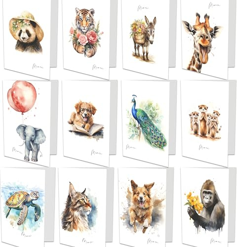 Bear and Bee 20 cartes de remerciement avec des animaux en aquarelle - Paquet de cartes A6 avec enveloppes en kraft recyclé - Papeterie mignonne pour enfants et adultes
