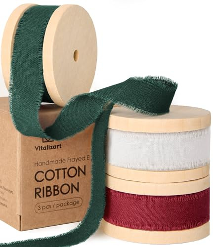 Vitalizart Cinta Algodón 1,6 cm (3 Rollos x 6,4 m) Blanco & Verde & Burdeos | Cintas de Tela Natural con Flecos Artesanales para Bodas, Ramos, Regalos y Decoración Rústica