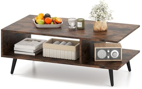 LIFEZEAL Tavolino Salotto, Tavolino Basso da Caffè, da Divano, a 2 Ripiani, con 2 Scomparti Aperti, Gambe in Metallo, Moderno, per Soggiorno, Montaggio Semplice, 80x45x30cm, Max 80kg (marrone)