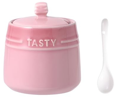 OnePine 300ml/10.6oz Sugar Bowl, Kitchen Ceramic Spice Jar Condiment Pots with Lid and Spoon for Salt, Sugar, Pepper and Spices
