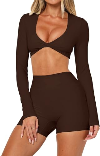 INFITTY Long Sleeve Going Out Tops for Women Trendy Workout Shirts Twist Front Crop Pilates Outfits Coffee S