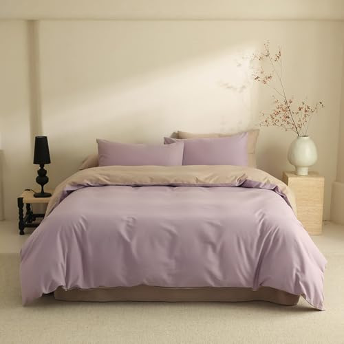 HAIBA Bettwäsche Bettbezug 220 x 240 cm Lila Beige Wendebettwäsche 100% Baumwolle für Sommer bis Winter Soft Touch mit 2 Kissenbezüge