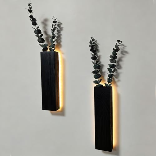2 Stück Holz Wandvase mit LED Lichtern für Zimmerpflanzen, Künstlicher Eukalyptus Wandpflanzgefäße Fake Vines Wand Pflanzgefäße für Wohnzimmer, Badezimmer, Dekorationen Wanddeko Grünpflanzen (Black)