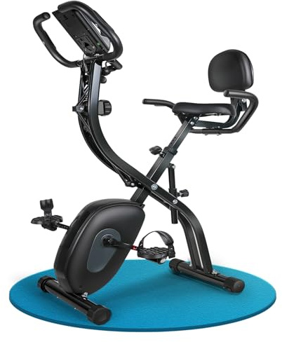 Velo d Appartement Pliable, 4 en 1 Vélos Dappartement 10 Niveaux de Résistance Magnétique avec Moniteur LCD et Mesure du Pouls Manuel, Capacité de Charge de 150 kg avec Bandes d'entraînement Pour Les