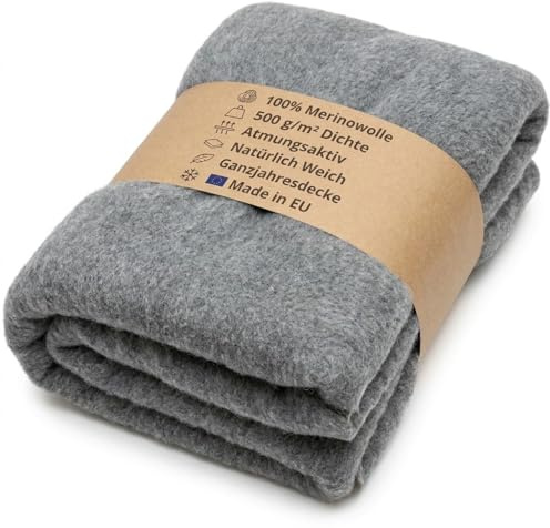 Wool & Home Merino Wolldecke 220x200 cm – Kuscheldecke aus 100% Merinowolle, Einfarbig Grau – Gewicht 500 g/m² – Atmungsaktiv und Langlebig