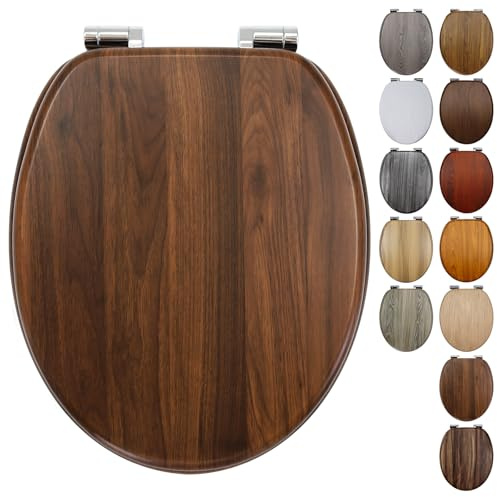 Walnut Effect Wooden Toilet Seat with Soft Close Adjustable Solid Zinc Alloy Hinges, MDF Wood Oval Toilet Seat with Bottom Fixings, Easy to Clean and Install- 18 Inch (BLG200-1)