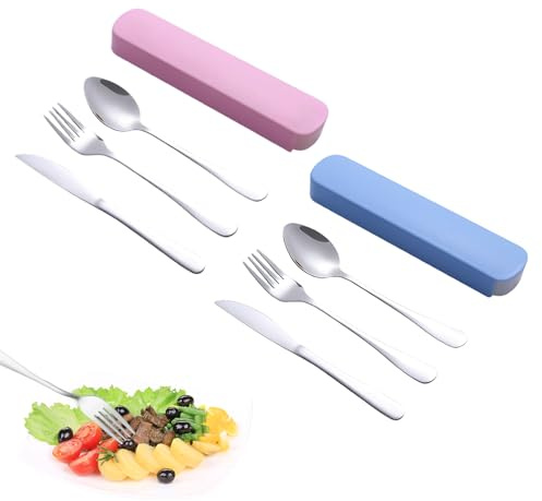 8 Pcs Travel Cutlery Set with Case,Reusable Stainless Steel Cutlery Set for 2 with Spoon Knife and Fork,Portable Travel Utensils for Picnic Outdoor Adventures School Office Everyday Use (Pink,Blue)
