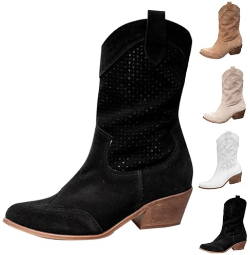 Damer cowboystövlar medelstora höga västerländska stövlar PU-läder vida stövlar andas riddarstövlar blockklack slip-stövlar komfort skaftstövlar enfärgade knähöga stövlar flock stövlar, svart, 35 EU