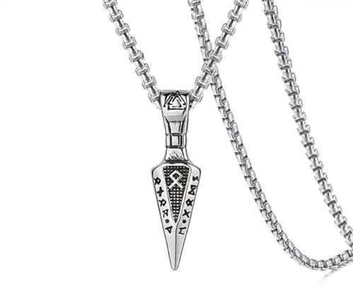 GAUEIOUR Viking Jewellery for Men, Silver Stainless Steel Chain Vintage Nordic Viking Runes Amulet Rock Hip Hop Punk Spear Point Arrowhead Pendant Necklace