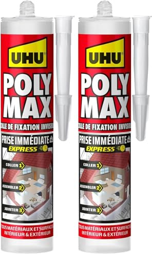 UHU Poly Max - Mastic-Colle Prise Immédiate Invisible Séchage Rapide - Pour Coller, Assembler, Jointer - Tous Matériaux & Surfaces - Intérieur/Extérieur - Sans Solvants - Transparent - Cartouche 300 g