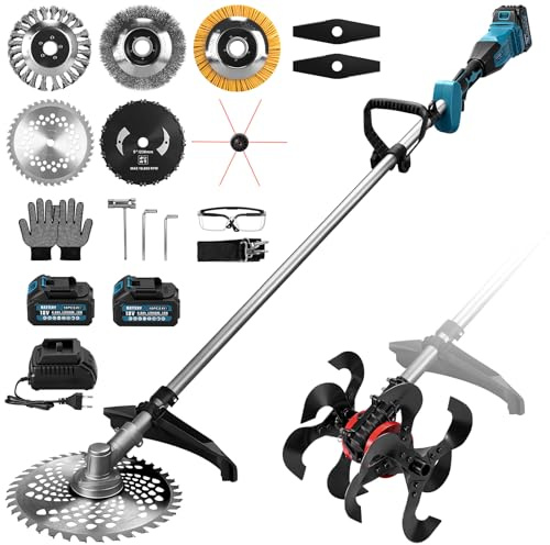 Zappa e tagliaerba a batteria 2 in 1 da 1380 W, con 2 batterie da 4 Ah e caricabatterie, testa e 7 attrezzi per tosaerba e altri strumenti, batteria per aiuole, coltivatori e agricoltura