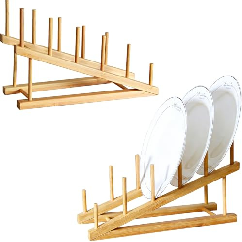 Yeqqzq Wooden Dish Rack, 2 Pack Bamboo Drying Rack Stand Pot Lid Holder Kitchen Cabinet Organizer for Dish Plate Bowl Cup Pot Lid Cutting Board
