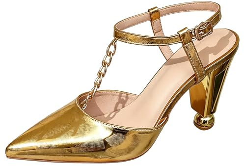 Aftonskor för kvinnor guldmetalliska högklackade spetsig tå T-rem slingback pumpar för formell fest och hemkomstdans elegant skulptur häl