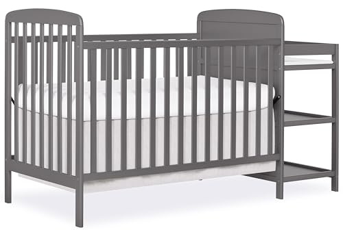 Dream On Me Anna 3-in-1 Convertible Full-Size Baby Crib & Changer with Storage in Steel Grey, GreenGuard Gold & JPMA, Pinewood, Converts to Day & Toddler Bed, 3 Mattress Heights, 1″ Changing Pad
