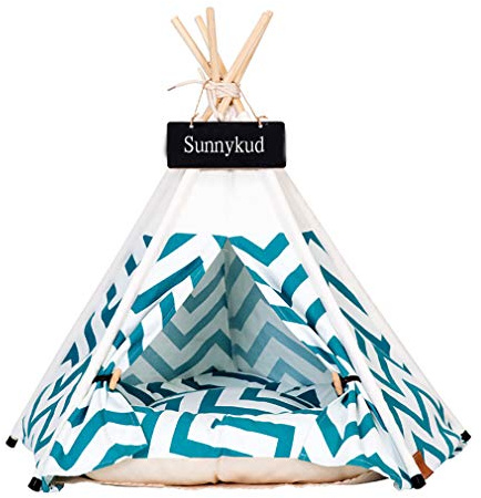 Sunnykud Tipi Zelt für Haustiere Hundezelt Katzenzelt Haustierzelte Häuser mit Kissen Abnehmbar und Waschbar Haustierbett Wegklappen Haustier Hundebett Katzenbett (M:50x50x60cm, Grün)