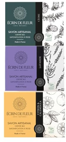 Écrin de Fleur – Coffret Cadeau Savons Artisanaux Bio pour Femme & Homme, Savons Français Faits Main à Froid, Certifiés COSMOS & Nature et Progrès, 3 x 90g