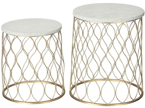 Outsunny 2er-Set Gartentisch Beistelltische Couchtische Retro Drahtkorb Metallkorb Garten Satztisch Gartenmöbel Outdoor Balkon Stahl Gold + Weiß Ø41 x 46 cm