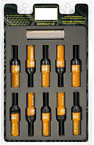 OMP SPEED Set 20 Radschrauben schwarz mit metrischer M14X1.25 Schlüssel 17-19 Lang Gewinde 28 mm mit orangefarbenem Aluminium 7075 + DIN 12.9