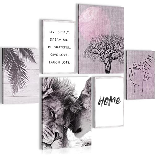 Novart Wandbilder Set Löwen Liebe Home Rosa - KEIN EXTRA RAHMEN BENÖTIGT - Modern Deko - Wohnzimmer Schlafzimmer Flur N009863b