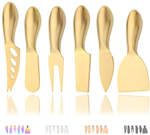 JASHII 6pcs Matte Gold 304 Stainless Steel Cheese Knife Set for Slicing, Cutting and Spreading, Mini Cheese Forks Butter Knives, Satin Finish, Dishwasher Safe