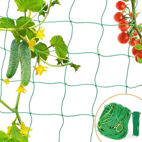 Ranknetz Gurken 8 x 2m mit 50 Kabelbindern, Rankhilfe Gurken Ranknetz Tomaten Gitter Netz, Rankhilfen für Kletterpflanzen Pflanzennetz mit Großer Maschenweite für Garten und Gewächshaus
