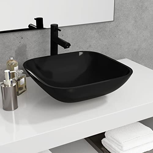 Goliraya Lavabo en Verre Lavabo de Salle de Bain, Toilette ou Salle d'eau Vasque à Poser évier de Cuisine 42x42x14 cm Noir