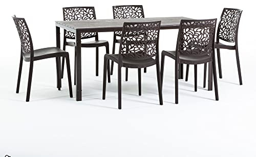 Set pranzo da giardino o esterno Moka per 6 persone, tavolo in acciaio verniciato con doghe in polietilene effetto legno, 6 sedie in polipropilene con fibra di vetro - Thomas e Anna
