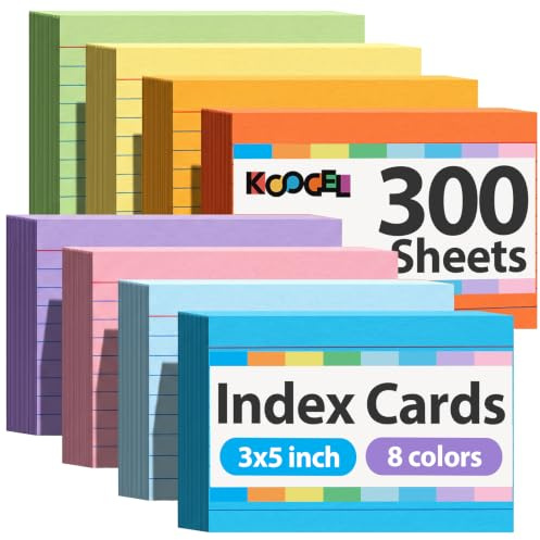 Koogel Index Cards 3x5, 300 Count, Colored Flash Card Lined Ruled on Both Side, Heavyweight Notecards for Back to School Studying Learning College Office Home Taking Notes Supplies, 8 Assorted Colors
