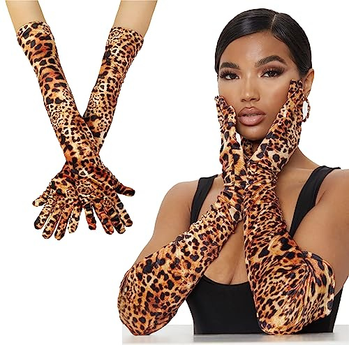 Opera-Long-Handschuhe für Damen, 1920er-Jahre, Leoparden-Satin, dehnbar, Ellenbogenlang, 53,3 cm, Handschuhe für Halloween, Gatsby-Mottoparty