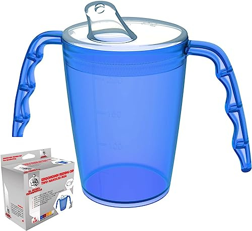 Two handled adult drinking cup 220 ml Blue with spouted lid small opening plastic mug for enhanced ergonomics, mug for secure grip even with shaky hands drinking aid, cup for the care, feeding cup