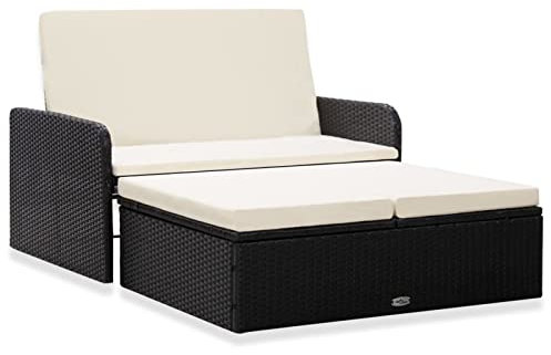Yolola Gartensofa 2-Sitzer mit Stauraum Rattan Balkonsofa Rattansofa Gartensofa mit Liegefunktion Couch Terrasse Gartenbank Balkon Couch Balkon Lounge Klein Sofa Set - Sessel mit Hocker Schwarz