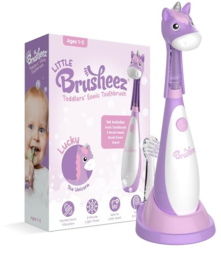 Brusheez Little Toddlers’ Sonic Toothbrush - Safe & Gentle Toothbrush for Ages 1-3 with Built-in, Light-Up 2-Minute Timer, Extra Brush Head, & Storage Base for First-Time Brushers (Lucky the Unicorn)
