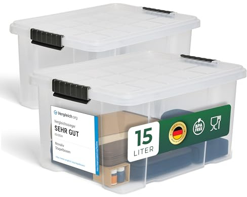 Novaliv 2x Aufbewahrungsboxen mit Deckel 15L transparente Nestbar stapelbare Storage boxes mit Clipverschluss Kunststoffbox BPA-frei 41 x 29 x 20 cm